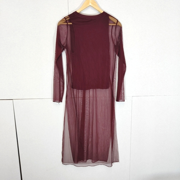 Zara Burgundy Red Top Size M Medium UK 14 16 Sheer Longline Mesh Side Slits - Picture 2 of 8